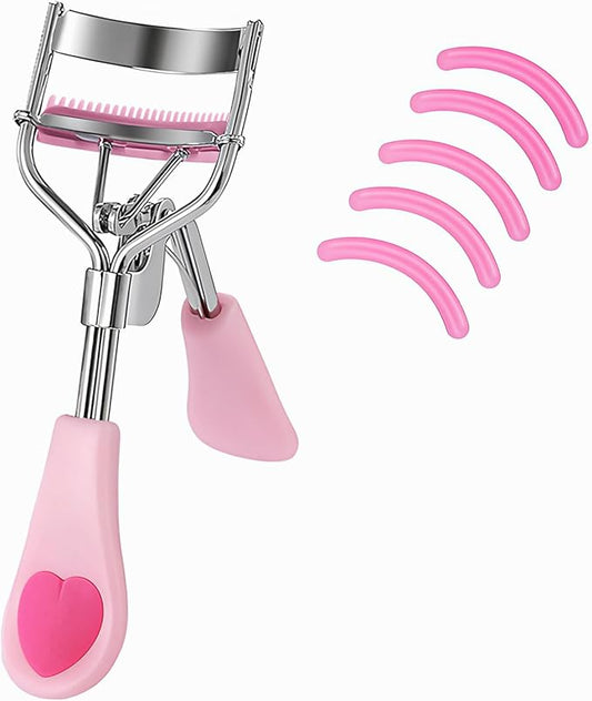Stainless Steel Eyelash Curler with Built-in Comb Pinch Pain-Free Suitable for Any Eye Shapes and Sizes, with 5 Silicone Refill Pads (Light Pink)