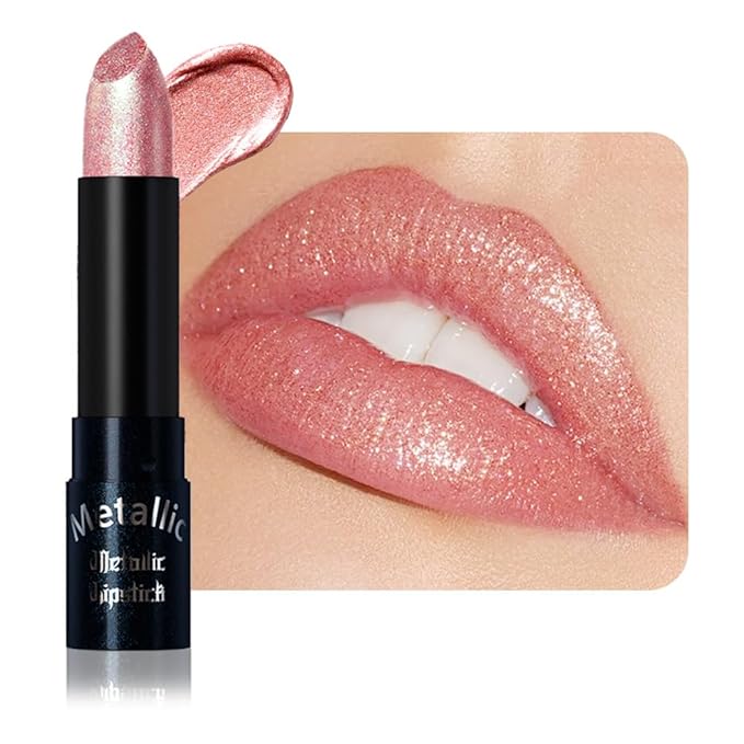 Peach Pink Metallic Lipstick for Women,Lightweight Non-Drying Shimmer Frosted Lipsticks,Glitter Lip Gloss Stain Long Lasting Waterproof No Smudge Proof No Transfer 12 Hour,Cruelty-Free Makeup