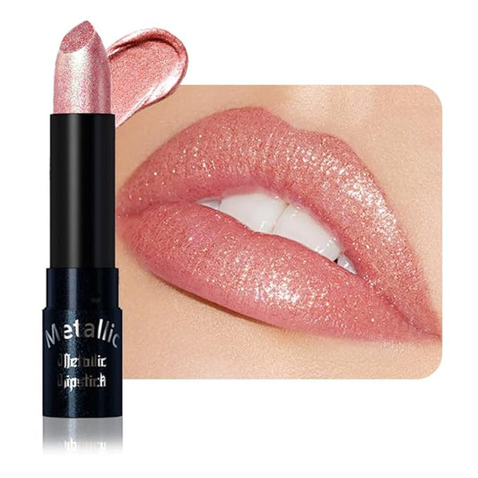 Peach Pink Metallic Lipstick for Women,Lightweight Non-Drying Shimmer Frosted Lipsticks,Glitter Lip Gloss Stain Long Lasting Waterproof No Smudge Proof No Transfer 12 Hour,Cruelty-Free Makeup