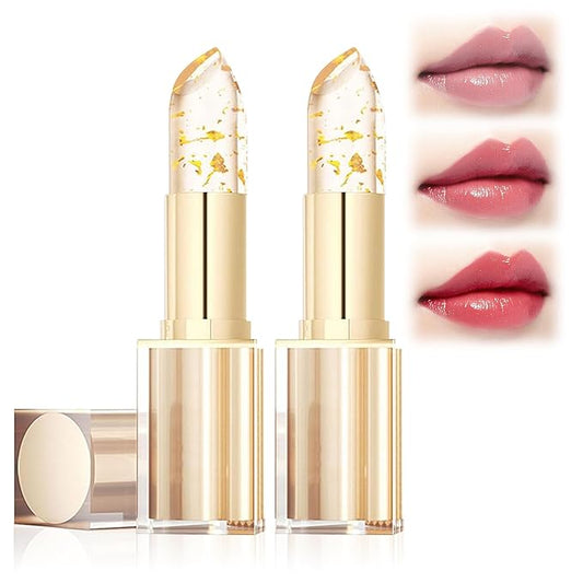 2Pcs Transferproof Color Changing Lipstick,Gold Crystal Ph Lipstick Color Changing,Clear Lip stick That Changes Color,Long Lasting 24 Hours Moisturizing Glossy Shine Lip Gloss for Women