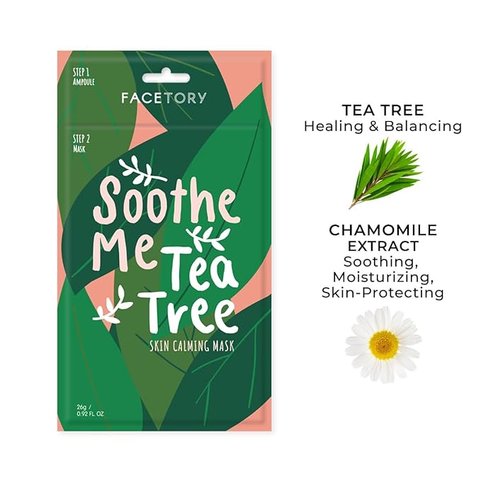 FACETORY K Beauty Face Mask Skin Care - Soothe Me Tea Tree 2-Step Sheet Mask with Tea Tree Extract & Chamomile + Soothing Ampoule | Skin Calming, Acne Clearing (5 Pack)