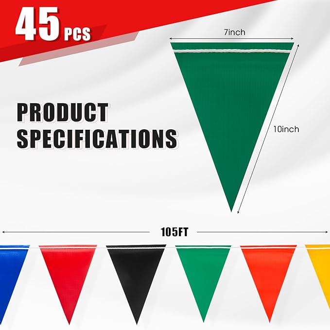 Safety Warning Pennant Banner Flags – Multipurpose 105FT OSHA High Visibility Colored Triangle Flags for Party, Roadwork, and Hazard Areas(MULTICOLOR,45pcs,105FT)
