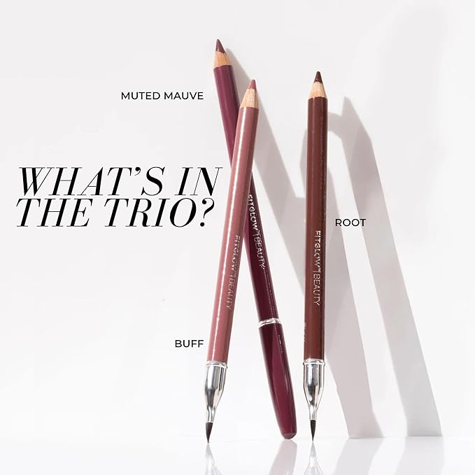 FITGLOW Beauty Vegan Lip Liner Pencil Trio | Hydrating Plumping Lip Liner Kit with Blending Brush | Smudge-Proof Lip Perfector | Define & Sculpt | Natural Lip Enhancer | 3pk - Muted Mauve, Buff, Root
