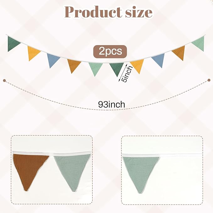 2PCS Pennant Banner Flags, Fabric Bunting Banner Nursery Garland Decor, Baby Shower Garland, Triangle Flags for Baby Boy Room, Playroom, Boho Birthday Party Decor, Each 7.75 ft (4 Colors)