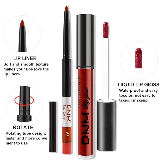 AMY'S DIARY 2Pcs Red Matte Lip Liner and Lipstick Makeup Set, Reds Lip Stain Lip Gloss Matt Liquid Lipstick 24H Long Lasting lapiz labiales mate 24 horas originales larga duracion (Red 58#)