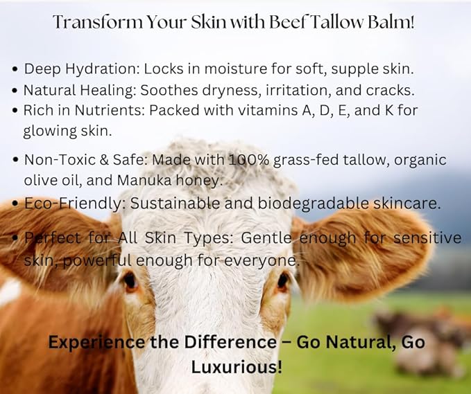 100% Grass-Fed Beef Tallow Balm, Manuka Honey MGO263+, Organic Beeswax & Olive Oil, Beef Tallow for skin,Handmade Moisturizer for Dry Skin, Eczema Relief, & Healing Skin2oz, Orange