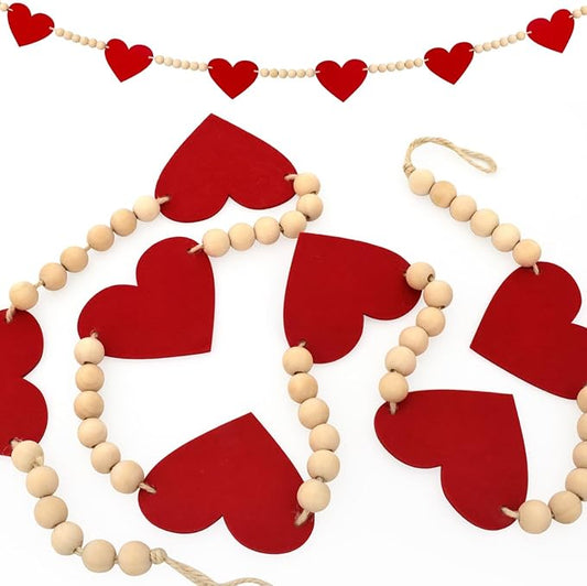 Valentine's Day Heart Decorations, Felt Hearts Wood Bead Garland Banner for Valentine's Day Decor