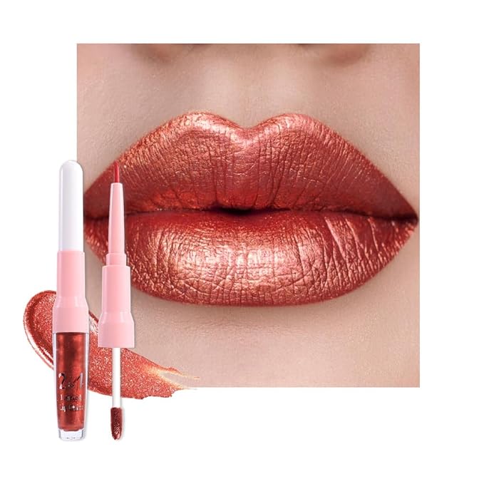 evpct Bronze Orange Metallic Glitter Lip Liner and Lipstick Combo Lip Gloss Stain Set Makeup for Women Long Lasting Waterproof 24, Non Stick Cup Metal Shine Shimmer Iridescent Glossy Liquid Lipstick