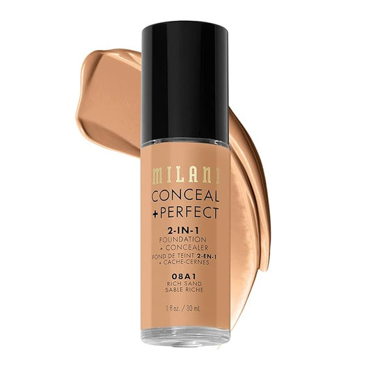 Milani Conceal + Perfect 2-in-1 Foundation + Concealer for a Flawless Complexion, Under Eye Corrector, Cover Redness and Imperfections, Waterproof and Sweatproof - Rich Sand