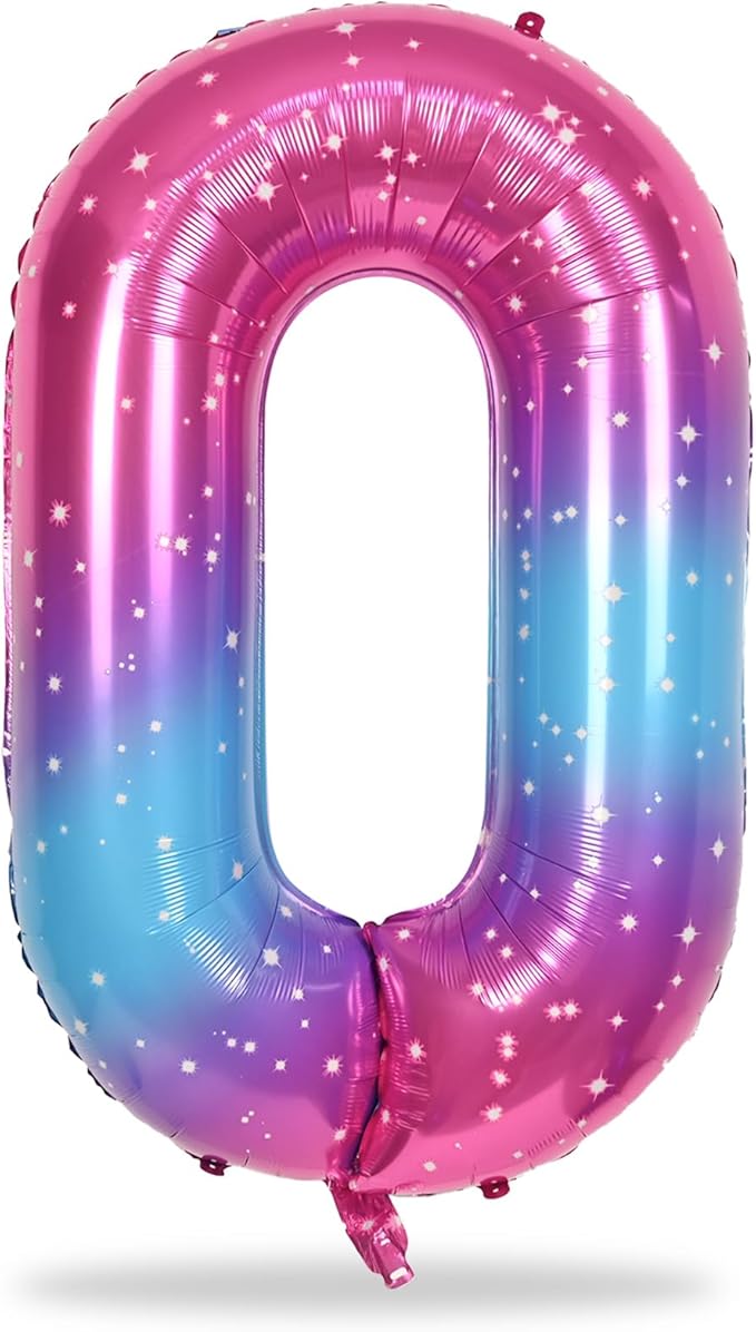 40 In Rianbow Large Numbers Balloons 0-9, Self Inflating Gradient Blue Pink Foil Number 0 Helium Balloons for Girls, Starry Digit 0 Balloons for Women Birthday Party Anniversary Supplies Decorations