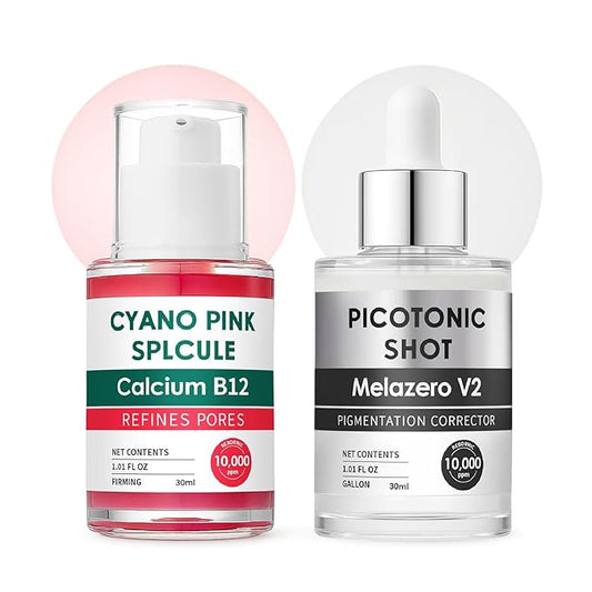 Cyano Pink Spicule Serum & Picotonic Ampoule Duo – Korean Face Serum with Alpha Arbutin, Niacinamide & Calcium for Pore Refinement, Glass Skin & Hydration (Pink + White Essence)