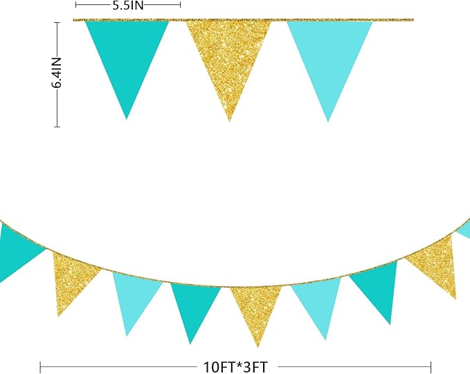 Teal Aqua Blue and Gold Party Decorations Pennant Banner Flag Hanging Glitter Paper Triangle Bunting for Baby Shower Birthday Graduation Bridal Shower Wedding Engagement Turquoise Party Decor Supplies
