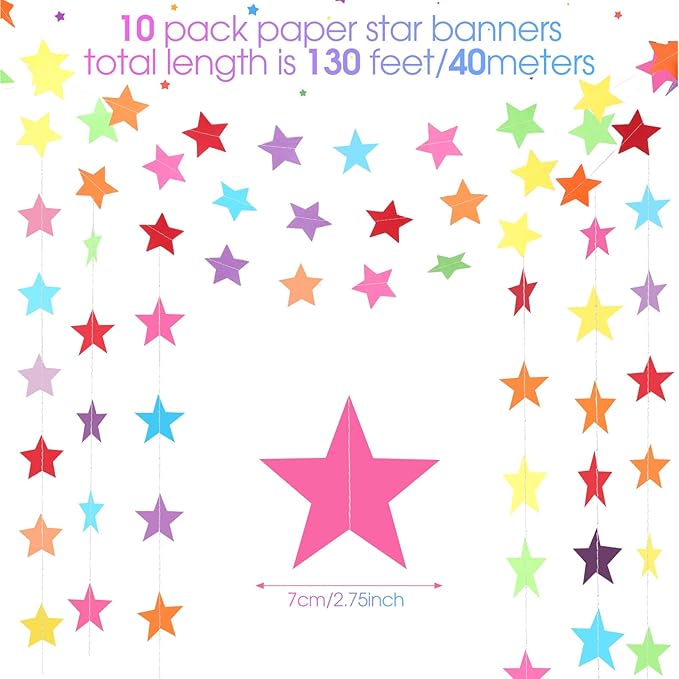 Patelai 130 Feet Glitter Star Garland Banner Decoration Hanging String Star New Year Eve Party Supplies Gold Black Party Decor for 2026 New Year Valentines Wedding Birthday (Colorful)