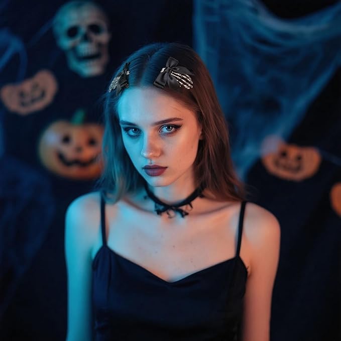 2 Pcs Halloween Skeleton Hand Hair Clips with Bowknot Cute Skull Hand Hair Clip for Women Party Cosplay Hair Accessories