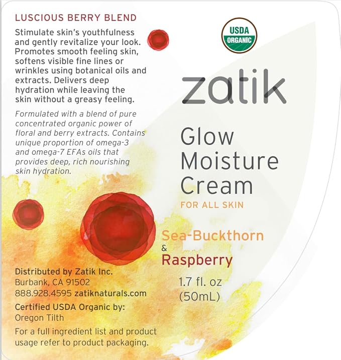 Zatik Naturals - Glow Moisture Cream, Sea-Buckthorn & Raspberry Luscious Berry Blend, USDA Certified Organic, Vegan, Non-GMO, Gluten Free, Alcohol Free, pH Balanced, Biodegradable, 1.7 oz, 50 mL