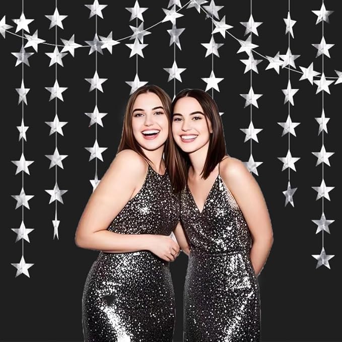 Silver Shining Star Hanging Garland Silver Hanging Sparkling Star Streamer Glitter Bunting Banner Twinkle Backdrop for Wedding Baby Shower Birthday Christmas Decorations 40 Feet