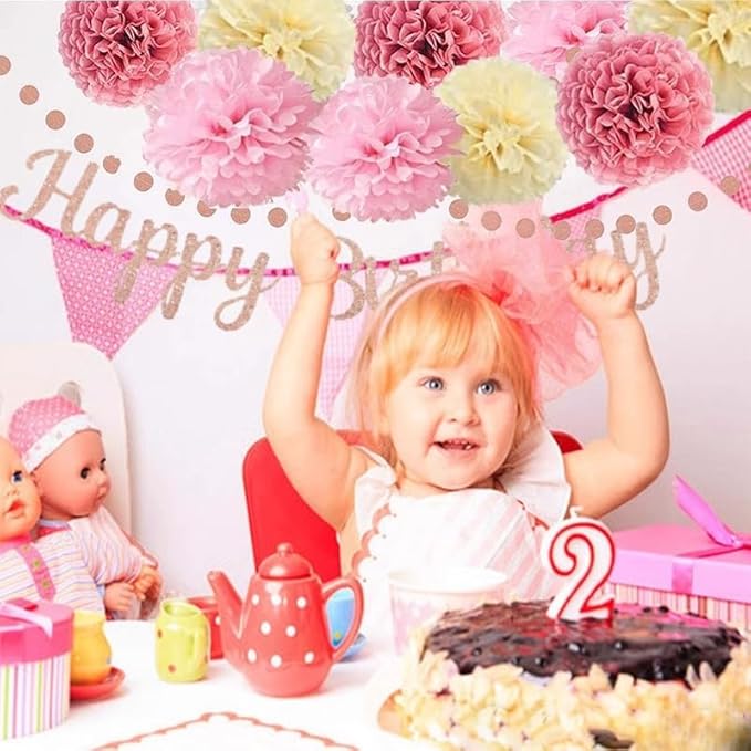 Pink Rose Gold Birthday Party Decorations Supplies Set,Happy Birthday Decoration Rose Gold Glittery Banner Tassel Garland Circle Dots Garland for Event Supplies