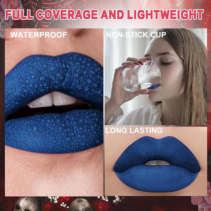 evpct 1Pcs Royal Blue Matte Liquid Lipstick Lip Stain Sets for Women, Skull Face Halloween Dark Blue Matte+Lipstick Long Lasting Permanent 24 hr Hours Magic Lipstick 24 Hours original Waterproof,21#