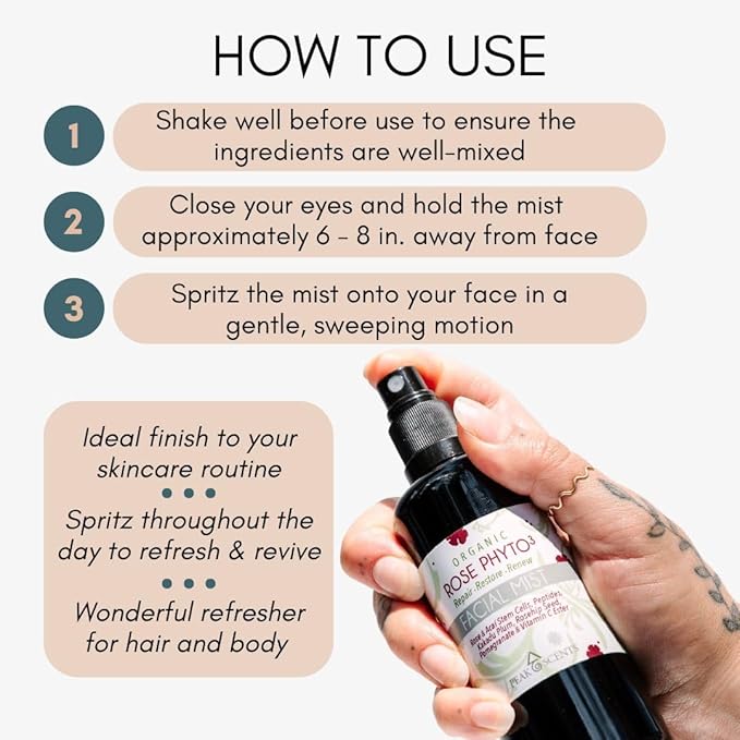 Peak Scents - Organic & Vegan Rose Phyto³ Water Facial Spray - Moisturizing Face Mist & Setting Spray, Soothing, Hydrating Mist Rose Water For Face - Great for Facial Massaging (4 oz)