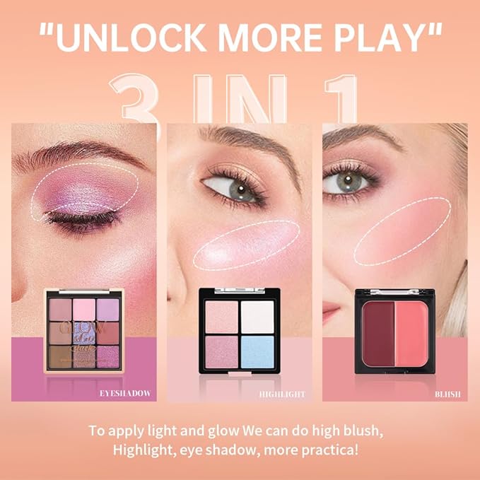 All-in-One Makeup Palette – 9 Color Matte & Pearlescent Eyeshadow, 4 Color Shimmer Highlighter, 2 Color Buildable Blush – Long Lasting, Blendable Face & Eye Makeup Kit (01#, 1 Count (Pack of 1))