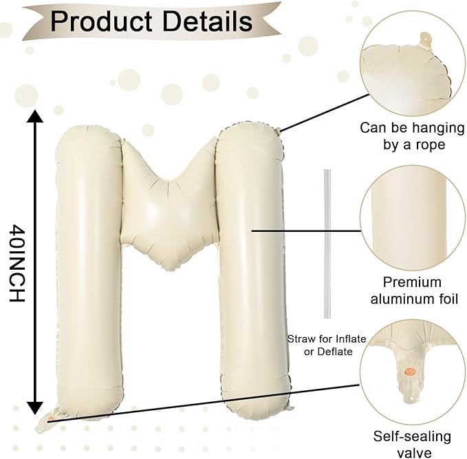 40 Inch Letter Balloons M, Big Custom A-Z Alphabet Foil Name Balloon Cream White, Self Inflating Beige Customize Helium Balloon Letters M for Women Girls Birthday Bride Baby Shower Party Decorations