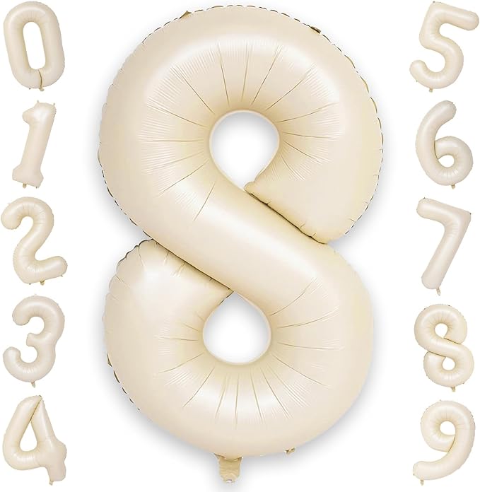 40 Inch Balloon Number 8 Beige, Large Foil Cream Number 8 Balloons Set 0-9 for Men Women, Self Inflating Digital 8 Helium Balloons for Boys Girls Birthday Anniversary Baby Shower Party Decorations