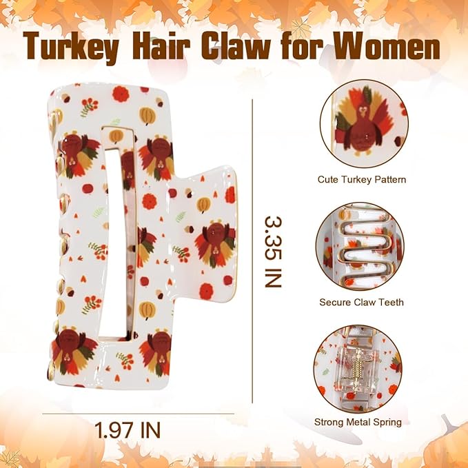Thanksgiving Hair Claw for Women - 2PCS Turkey Maple Clips Square Large Teeth for Thick and Thin Hair Strong Hold Jar Accessory for Thanksgiving Day Fall Autumn