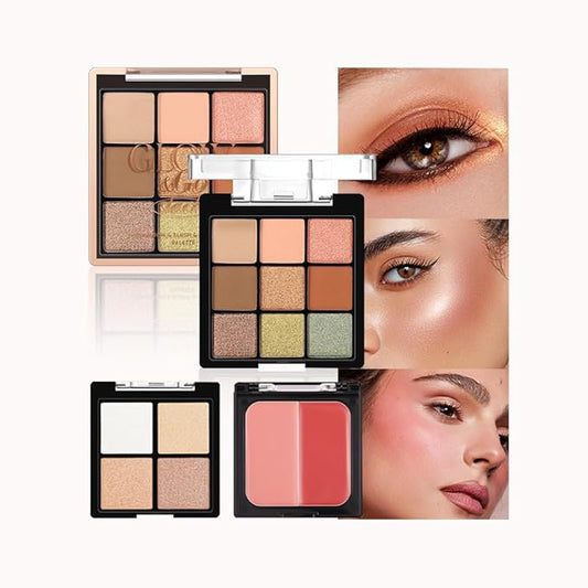 All-in-One Makeup Palette – 9 Color Matte & Pearlescent Eyeshadow, 4 Color Shimmer Highlighter, 2 Color Buildable Blush – Long Lasting, Blendable Face & Eye Makeup Kit (02#, 1 Count (Pack of 1))