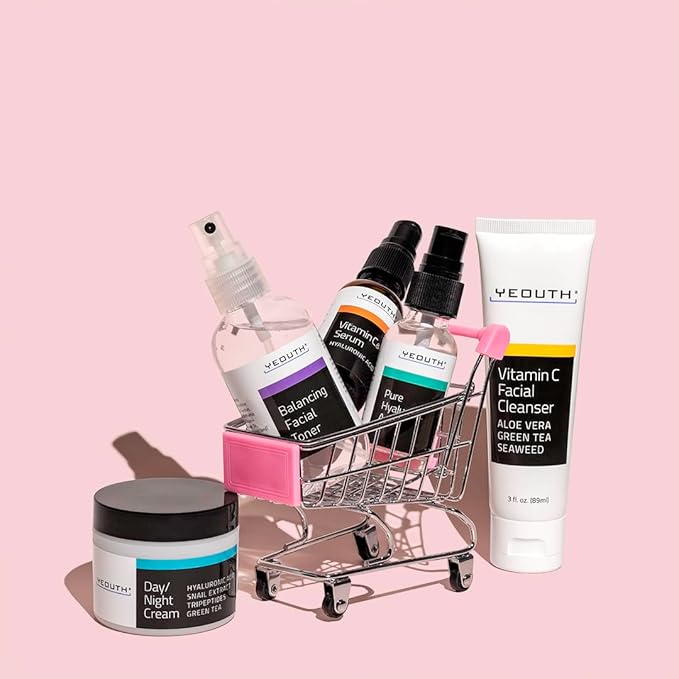 YEOUTH Skin Care Set: Hyaluronic Acid Serum for Face, Vitamin C Facial Serum, Face Cleanser, Toner & Cream, Hydrating Skin Care Kit 5-Piece