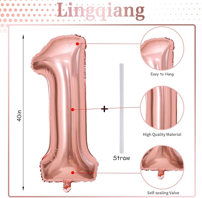 Rose Gold 1 Balloons, 40 Inch Giant Helium Foil Number 0-9 for Girls, Self Inflating Digit 1st Birthday Balloon for Women Anniversary Baby Shower New Year Engagement Party Decorations Supplies
