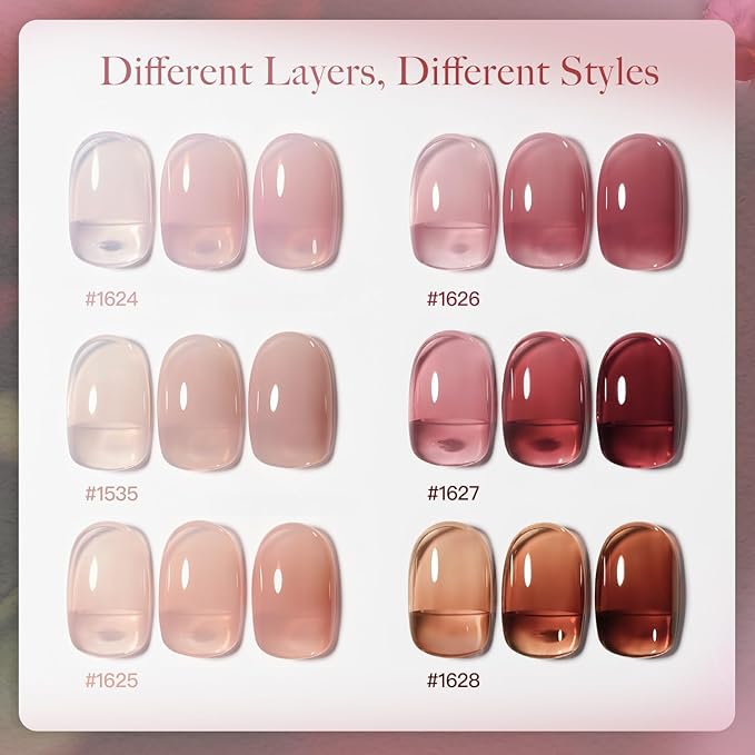 GAOY Rose Garden Jelly Gel Nail Polish of 6 Transparent Nude Red Pink Brown Colors Sheer Gel Polish Kit for Salon Manicure and Nail Art DIY at Home