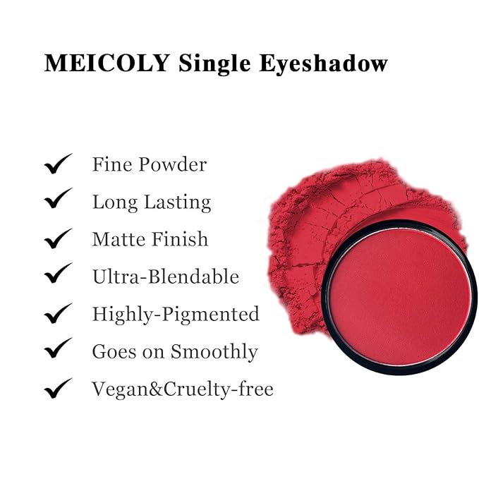MEICOLY Red Single Eyeshadow with Mirror,Matte Eye Shadow for Halloween Makeup,Pressed Powder Eyeshadow,Matte Shade Eyelid Color Eye Makeup for Women and Girls,High Pigment,Long Wear,Waterproof