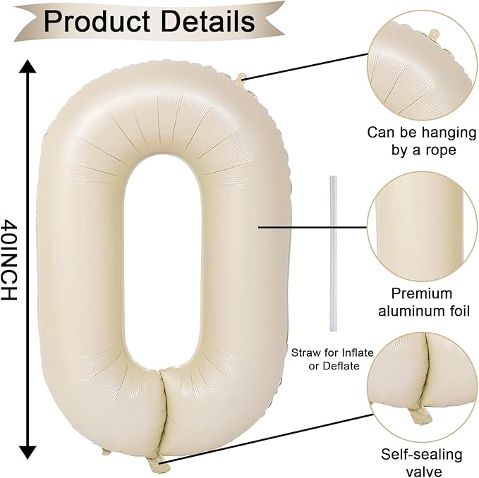40 Inch Large Cream Numbers Balloons 0-9, Self Inflating White Sand Foil Number 0 Helium Balloon for Boy Girl, Big Beige Digit 0 Balloons for Women Men 30 40 50 60 70 80 100 Birthday Party Decoration