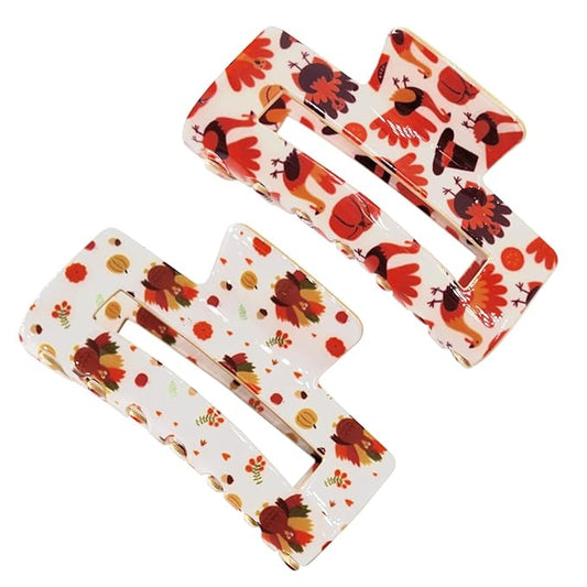 Thanksgiving Hair Claw for Women - 2PCS Turkey Maple Clips Square Large Teeth for Thick and Thin Hair Strong Hold Jar Accessory for Thanksgiving Day Fall Autumn