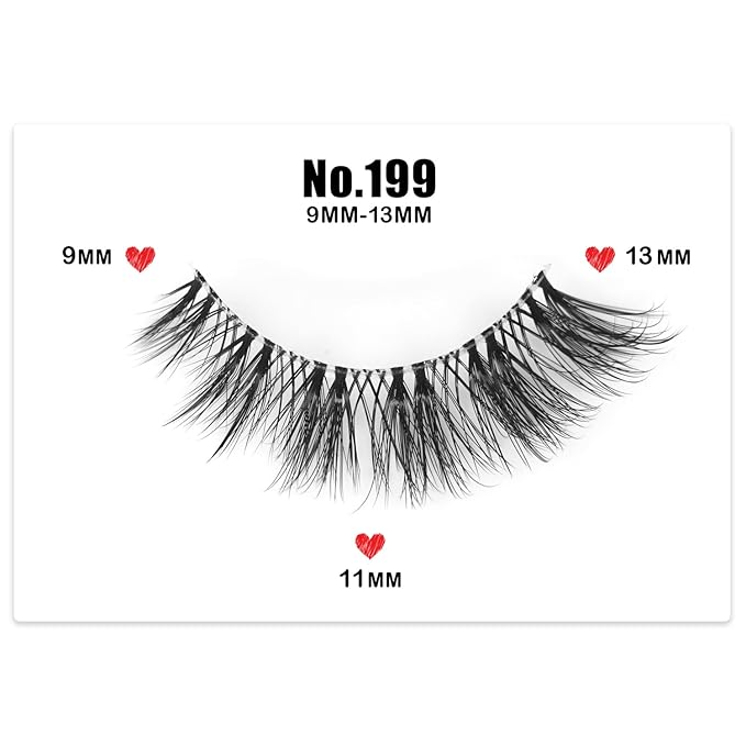 3D Clear Band Lashes 14mm Natural Soft Faux Mink Lashes C/D Curl Cat Eye Wispy Fake Eyelashes Short Cross Reusable False EyeLashes 7 Pairs (No.199)