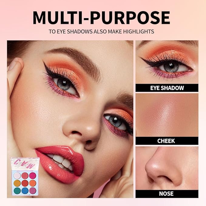 9-Color Bright Eyeshadow Palette – Vibrant Matte Rainbow Shades, Pink, Yellow, Green & Blue Tones, Long-Lasting, Waterproof, Blendable, Ideal for Party, Stage, or Trendy Everyday Makeup 03