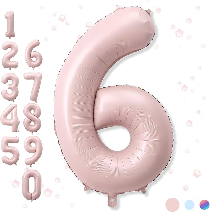 40 Inch 6 Balloon Number, Large Pastel Baby Pink Foil Number 6 Balloons Birthday Party Decor, Dusty Light Blush Matte Pink Mylar Self Inflating Balloon for Girls 6th Birthday Anniversary Decorations