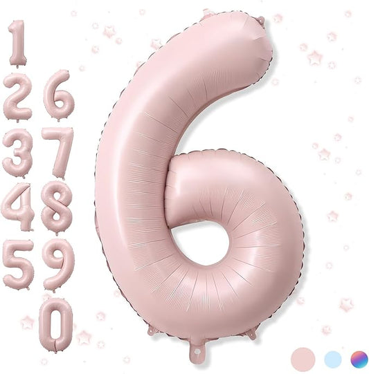 40 Inch 6 Balloon Number, Large Pastel Baby Pink Foil Number 6 Balloons Birthday Party Decor, Dusty Light Blush Matte Pink Mylar Self Inflating Balloon for Girls 6th Birthday Anniversary Decorations
