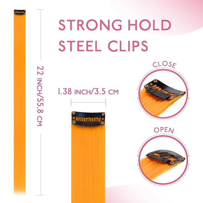WENNALIFE 12 PCS Orange Hair Extensions Clip in, Colored Clip in Hair Extensions for Kids Highlights Rainbow Hair Clips for Girls Synthetic Straight Pop-up Style Colorful Girls Hair Accessories