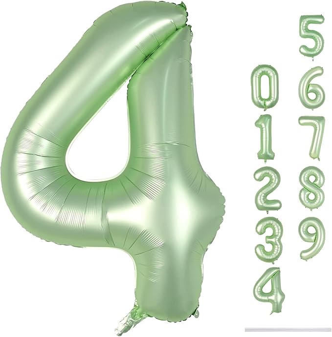 40 Inch Sage Green Foil Balloon Number 4, Large Self Inflating Olive Green Number Balloons 0-9 Helium Balloons Set for Girls Boys 4th Birthday Women Anniversary Jungle Safari Party Decoration Supplies