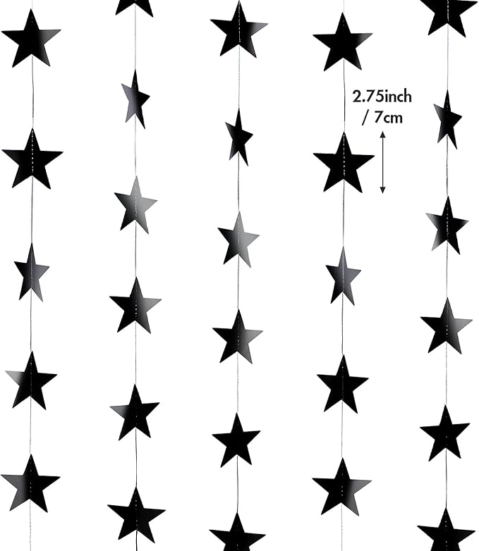 Patelai 130 Feet Glitter Star Garland Banner Decoration Hanging String Star New Year Eve Party Supplies Gold Black Party Decor for 2026 New Year Valentines Wedding Birthday (Black)