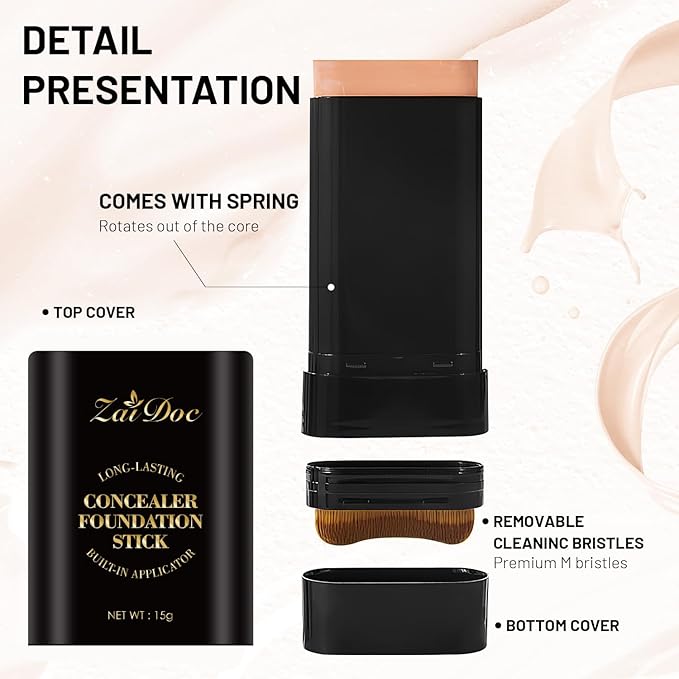 Concealer Foundation Stick, 2-in-1 Long-Lasting Foundation and Concealer with Brush, Creamy Full Coverage for Dark Circles & Blemishes, Hydrating Olive & Camellia, 2.09 Oz (07#)