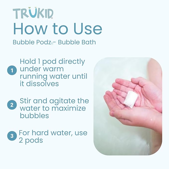 TruKid Bubble Podz Bubble Bath for Kids, Toddlers, & Babies, Tear Free Gentle & Refreshing Bath Bomb for Sensitive Skin with Natural Moisturizers, Non-Toxic, pH Balanced, Vanilla Scent (60 Podz)