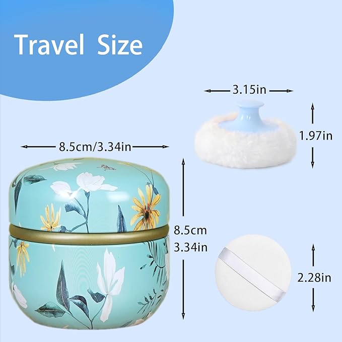 SHIMIDO Body Powder Puff and Container, 3.15" Portable Empty Body Powder Container for Baby Women's Loose Dusting Powder, Powder Case Box with Lids for Bath, Travel and Home Use (Cyan Flower)
