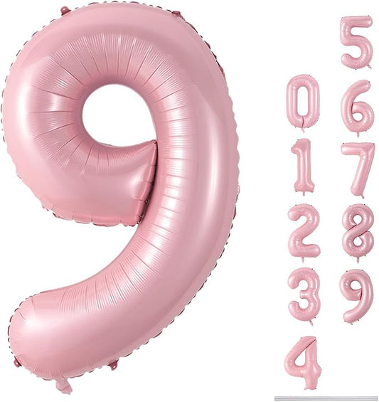 40'' Pink Number 9 Balloon, Self Inflating Foil Light Pink Number Balloons Set 0-9, Pastel Pink Digital 9 Helium Balloon for Girls 9th Birthday Party Decorations Anniversary Supplies
