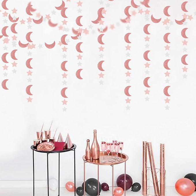 Pink Rose-Gold Moon-Star Party-Decorations Garland - 52Ft Twinkle Little Star Hanging Decoration Streamers Banner, Eid Ramadan Mubarak Decoration Birthday Wedding Baby Shower Party Decor Panduola