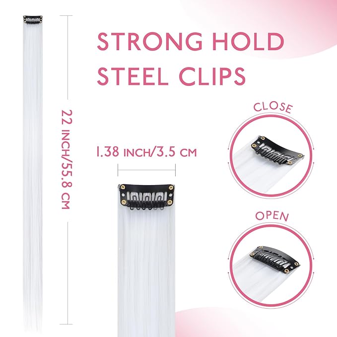 WENNALIFE 12 PCS White Hair Extensions Clip in, Colored Clip in Hair Extensions for Kids Highlights Rainbow Hair Clips for Girls Synthetic Straight Pop-up Style Colorful Festival Girl Hair Accessories