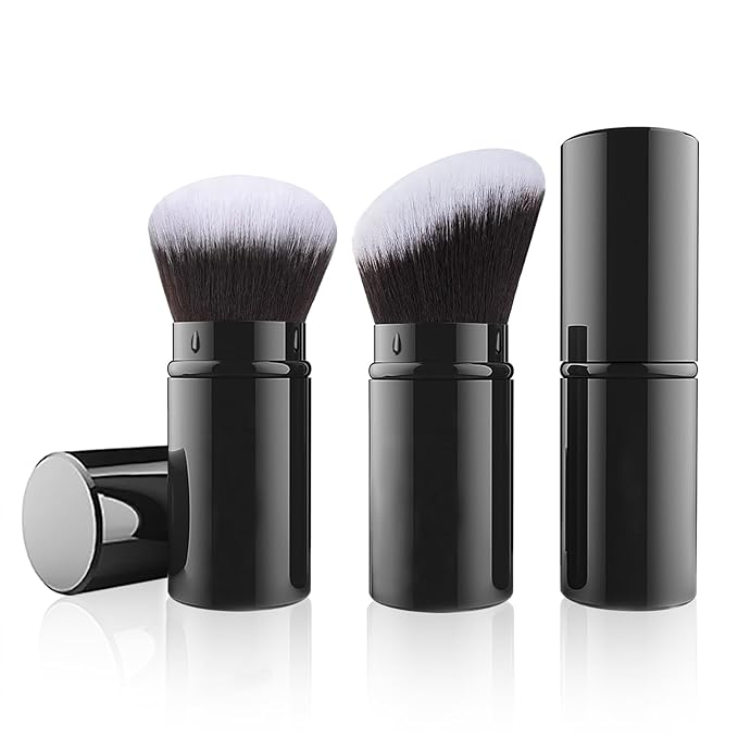 Falliny Retractable Makeup Brush, 2 Pack Travel Kabuki Face Blush Brush, Portable Powder Foundation Sunscreen Brush with Cover for Blush, Bronzer, Buffing, Flawless Powder Cosmetics