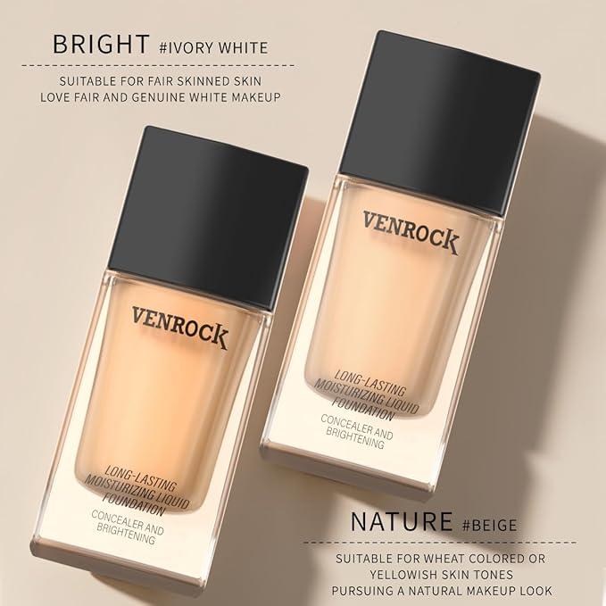 VENROCK 24HR Long-Lasting Moisturizing Liquid Foundation | Radiant, Waterproof, Concealing & Oil-Control (01# Ivory White, 30ml)