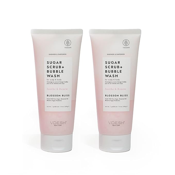 VOESH Sugar Scrub + Bubble Wash, Exfoliating Body Scrub & Body Wash, Blossom Bliss 2 Pack, Scalp Scrub, Scalp Care, Shower Sugar Scrub, Vegan Body Care